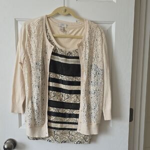 LOFT Beige Lace Cardigan Sweater And Matching Tank